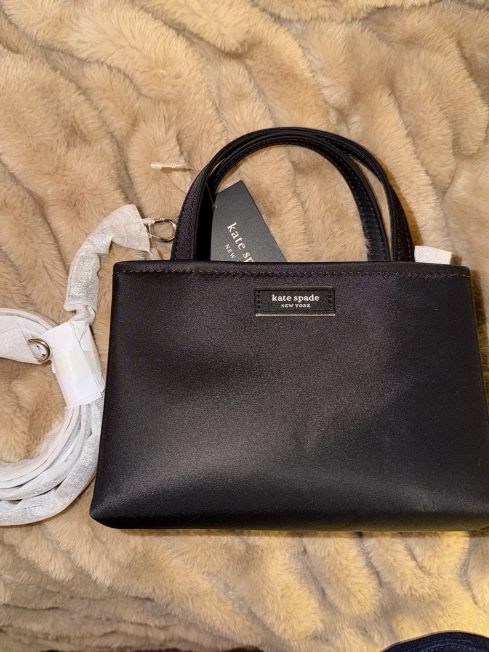 kate spade black satin satchel with detachable strap
